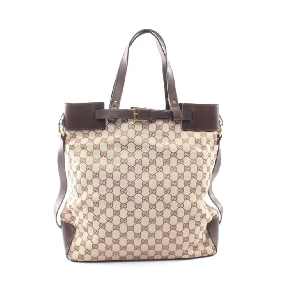 Gucci GG Canvas Tote Bag Leather Beige Cream Brown